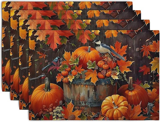 Pumpkin Maple Leaf Bird Fall Placemats Set of 4 Autumn Thanksgiving Seasonal by Wnoesat