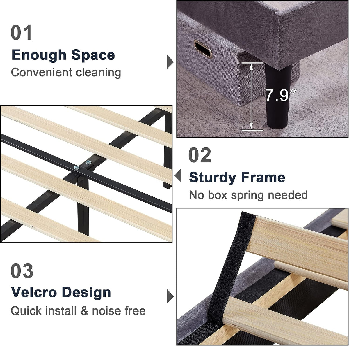 vecelo queen size bed frame, velvet upholstered platform, front angle view