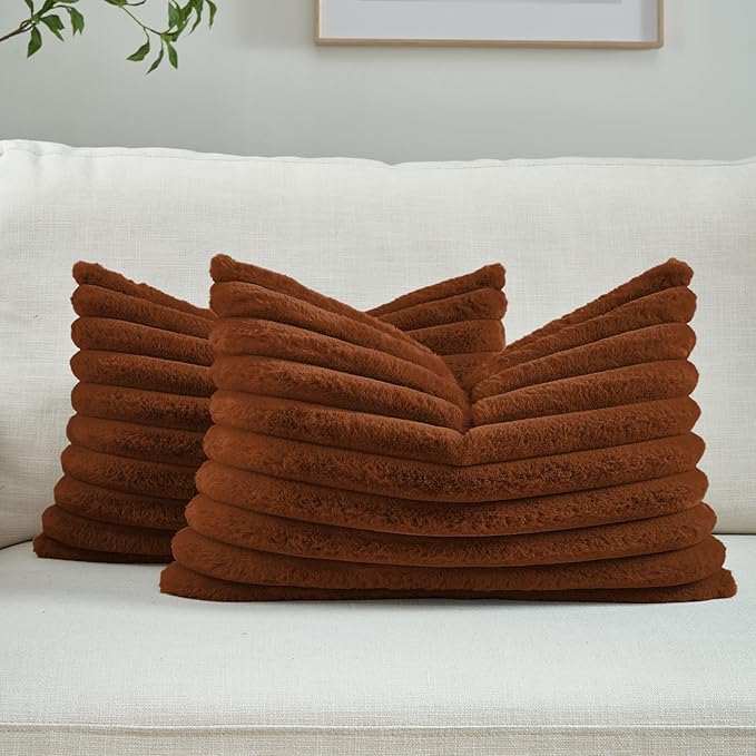 FUTEI Rust Throw Pillow Covers Set of 2, 12x20 Inch Striped Texture Lumbar by FUTEI