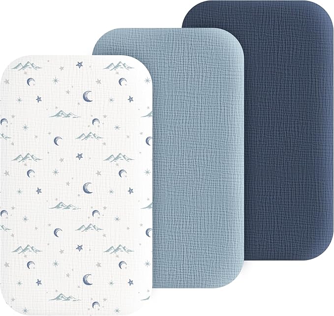 Muslin Bedside Sleeper Bassinet Fitted Sheets, 3 Pack Cotton Baby Sheet by Coreeky