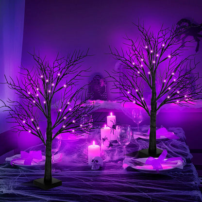 Halloween Decorations Indoor 2 Pack 24 Inch Black Spooky Tree with 48 Purple Led Lights, Timer/USB/Battery Operated Lighted Tabletop Tree Halloween Table Decor for Home Office Holiday Party