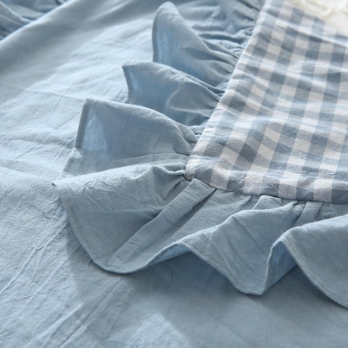 Blue Plaid Ruffle Pillow Shams Standard Size Set of 2, Shabby Checkered Washed - Image 5