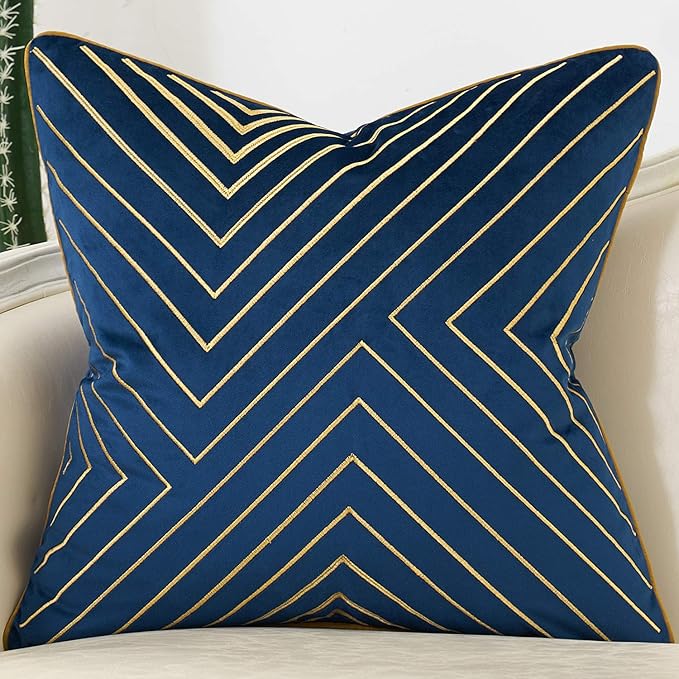 Avigers 20 x 20 Inch Navy Blue Gold Striped Geometric Lines Embroidery Velvet by Avigers