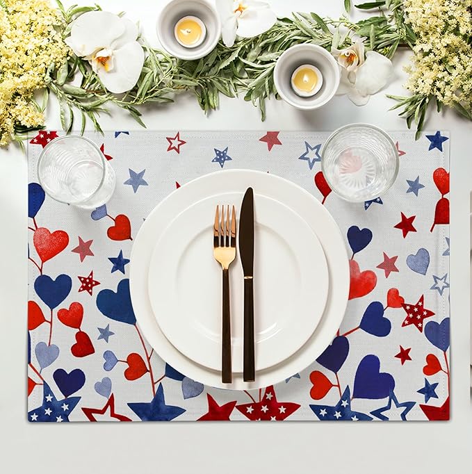 Red Blue Heart Stars 4th of July Placemats Set of 4 Patriotic America - Image 3