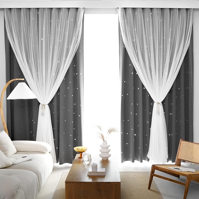 Kinryb Grey Star Curtains for Bedroom Star Hollow Out Blackout Curtains for - Image 2
