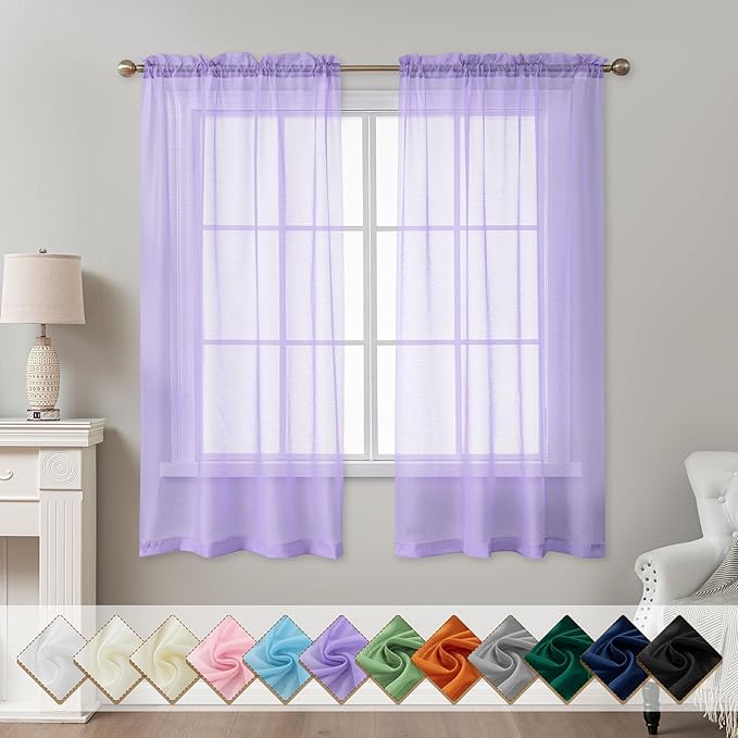 Purple Sheer Curtains 63 Inch Length, Privacy Semi Sheer Curtains by ABLUEN