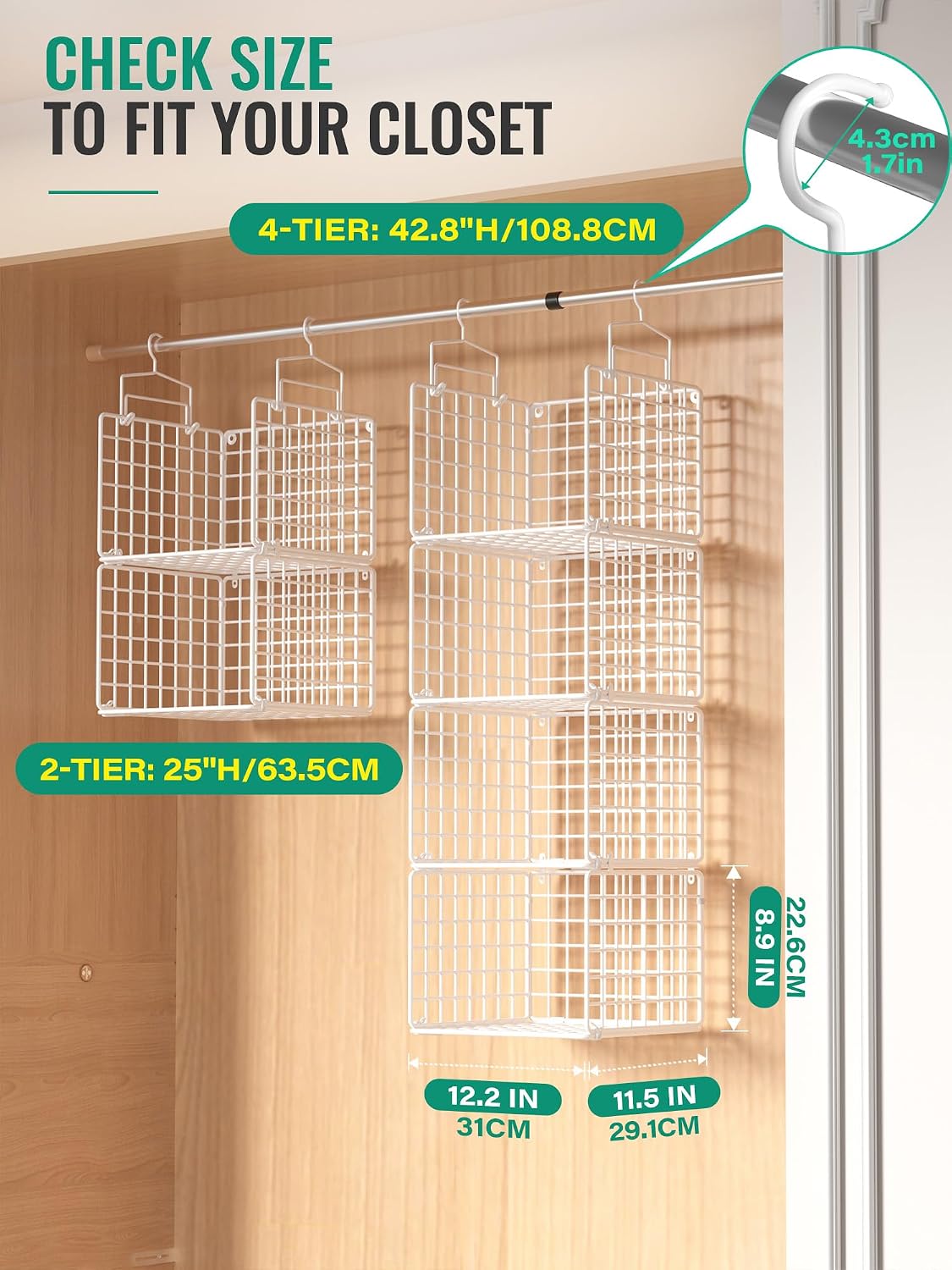 hanging closet organizer, 4 tier metal closet organizers shown in use