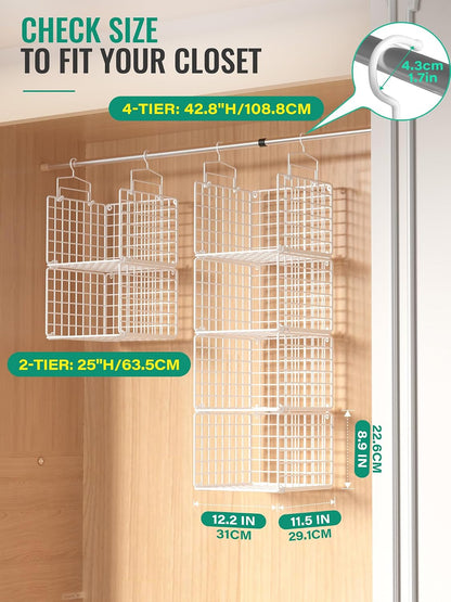 hanging closet organizer, 4 tier metal closet organizers shown in use