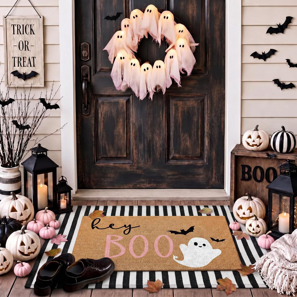 Duraaamo 2 Pcs Halloween Door Mat Outdoor, Ghost Pink Boo Style, Non Slip