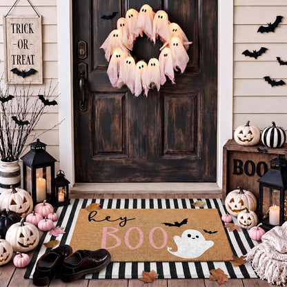 Duraaamo 2 Pcs Halloween Door Mat Outdoor, Ghost Pink Boo Style, Non Slip