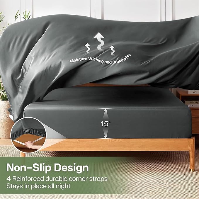 MR&HM Fitted Sheet & Pillowcase Set Queen, 3-Piece Blend Rayon Derived from - Image 5
