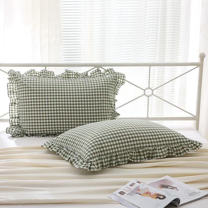 2 Pack Sage Green Gingham Ruffle Pillow Shams King Size, 100% Washed Cotton - Image 7