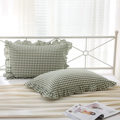 2 Pack Sage Green Gingham Ruffle Pillow Shams King Size, 100% Washed Cotton - Image 7
