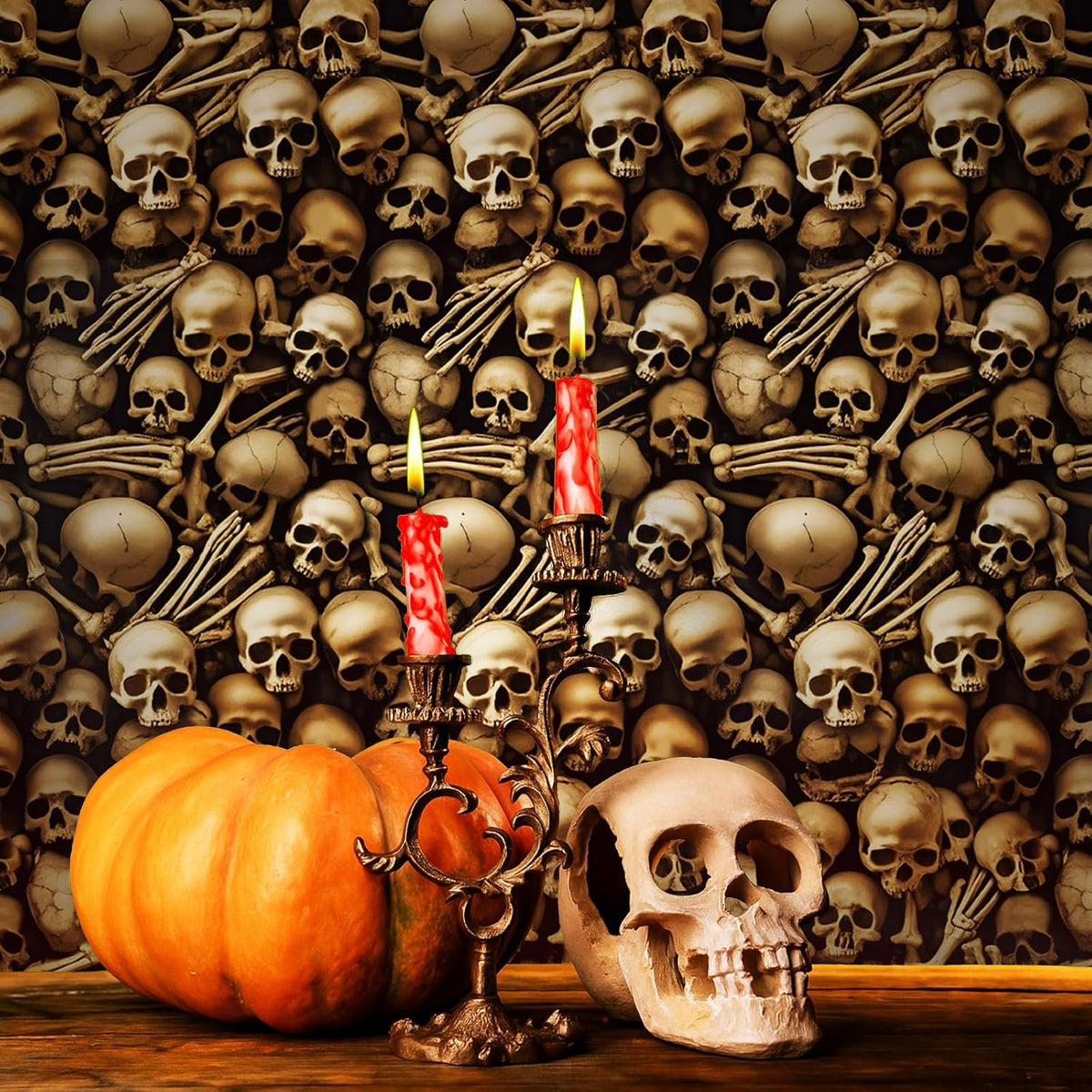 Tegeme 200 ft Halloween Skull Wall Backdrop Roll, Skeleton Tablecloth