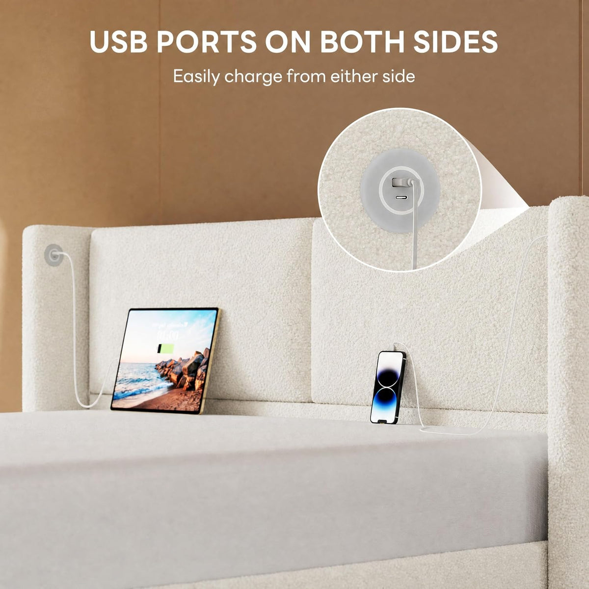 likimio full bed frame with usb ports & showing dimensions