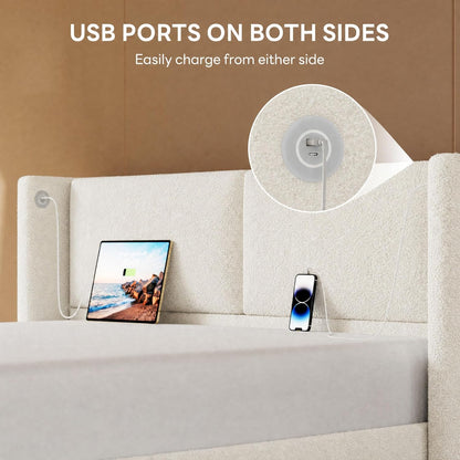 likimio full bed frame with usb ports & showing dimensions