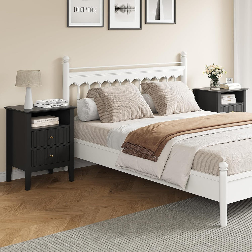 RoyalCraft Black Fluted Nightstand Set of 2, Colorful Nightstand with 2 Drawe...
