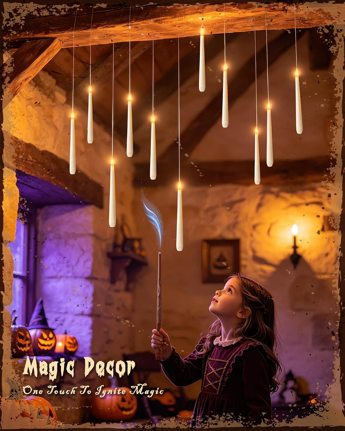 30PCS Floating Candles with Wand Remote, Flameless Hanging Taper Candles with Flickering Warm Light, Battery Operated Magic Candles for Halloween Indoor Ceiling Decor, Hallway, Bedroom, Party
