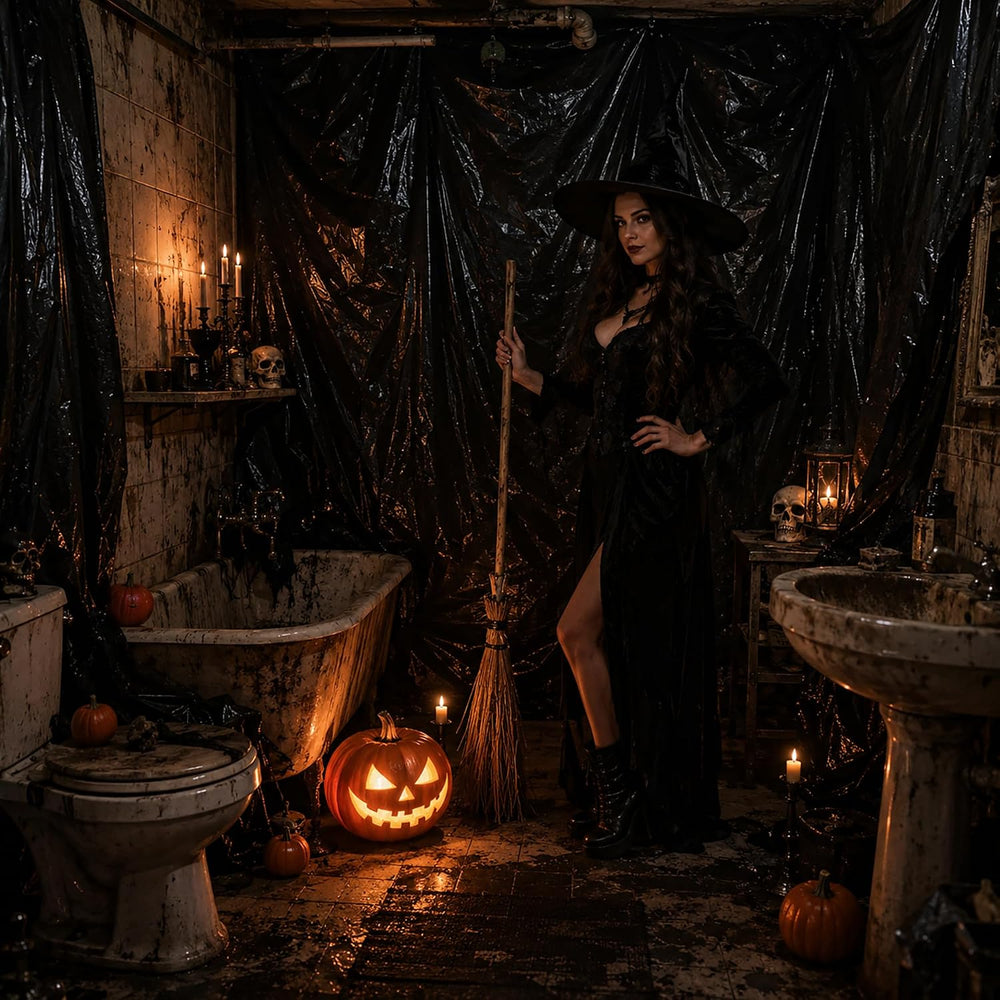 49 x 10 Ft Halloween Black Plastic Sheeting, Spooky Backdrop Decoration Kit