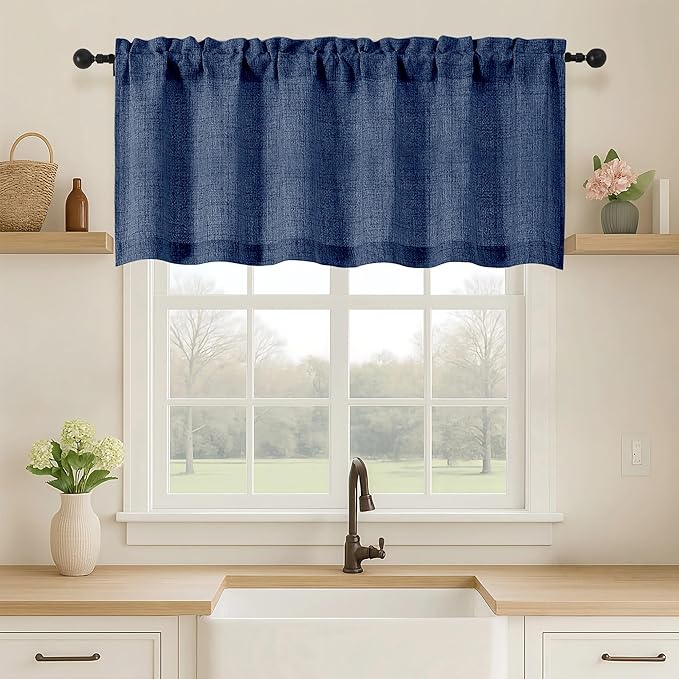 OVZME Navy Blue Valance for Windows, Light Filtering Faux Linen Textured Small by OVZME