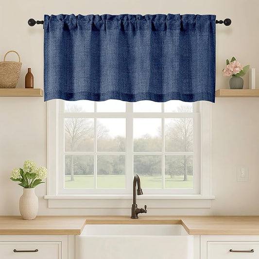 OVZME Navy Blue Valance for Windows, Light Filtering Faux Linen Textured Small by OVZME