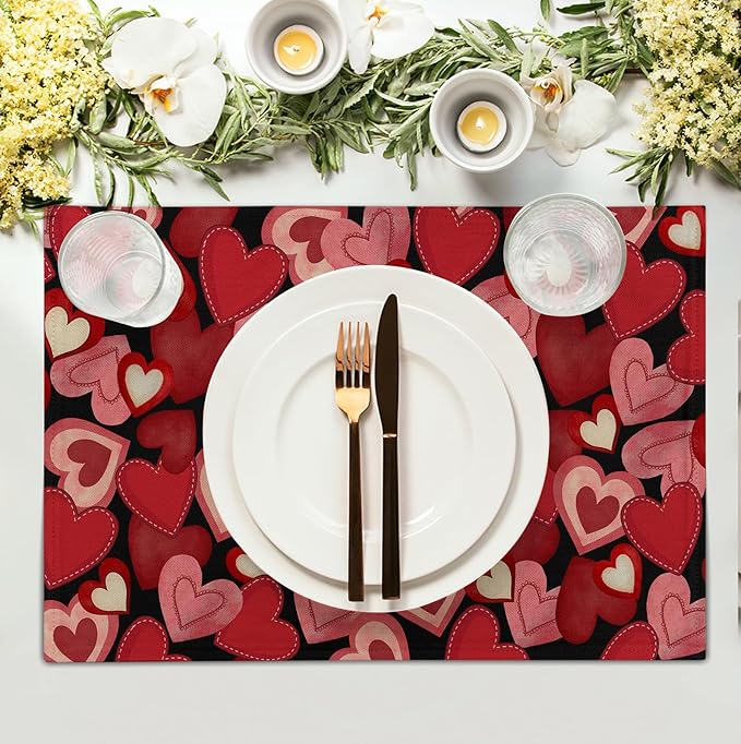 Valentines Day Love Hearts Placemats Set of 4 Valentine Red Black Heart Linen - Image 3