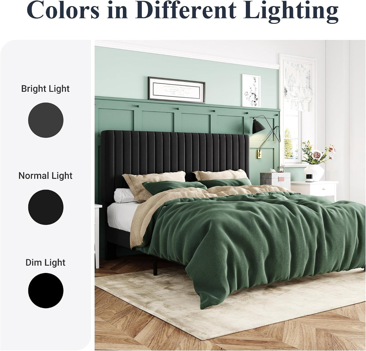 allewie queen bed frame, velvet upholstered platform bed, front angle view