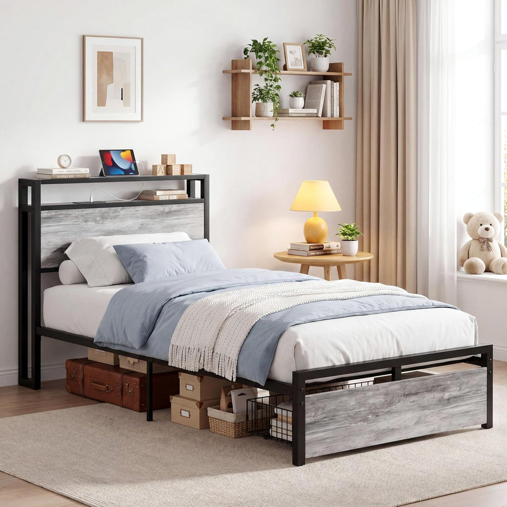 LIKIMIO Twin Bed Frames with Drawer and Charging Station, Industrial Gray