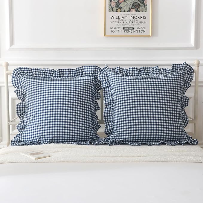 Navy Blue Plaid Ruffle Throw Pillow Covers 20"x20", 2 Pack Vintage Checkered - Image 2