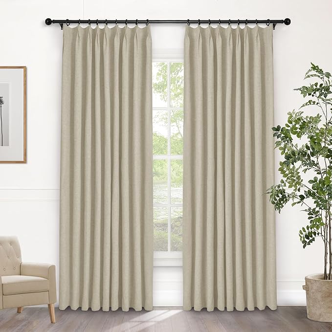 Macochico 100% Blackout Beige Linen Curtains 84 Inches Long Pinch Pleated by Macochico