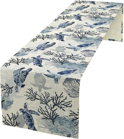 Summer Turtle Table Runner, Cartoon Sea Turtle Tropical Ocean Beach Teal by Unknown