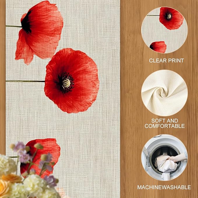 Floral Poppy Table Runner – Elegant Red Poppy-Inspired Dining Table Decor - Image 4