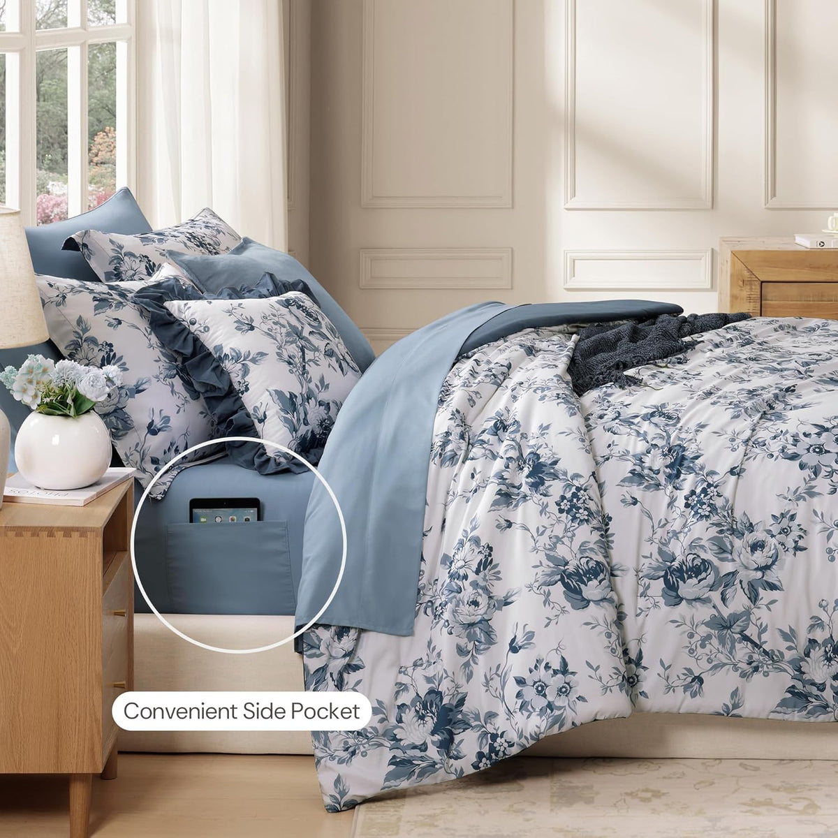 bloomhaven full size comforter sets-7 pieces blue floral, side view