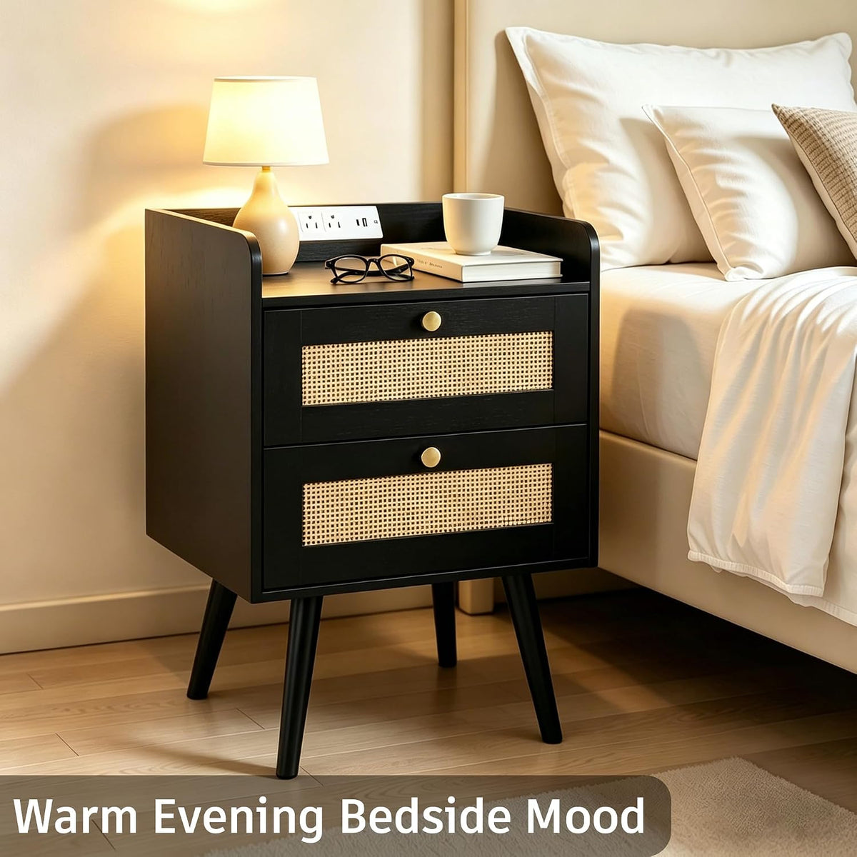 rattan nightstands set of 2, boho bedside table shown in use