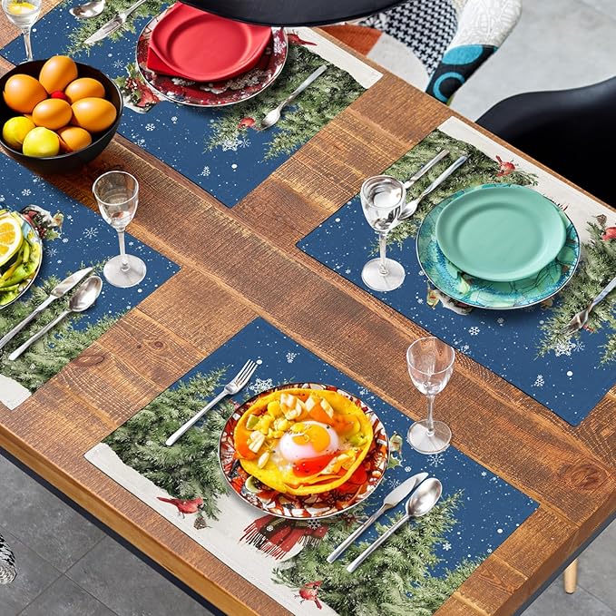 Blue Snowman Christmas Placemats Set of 4 Xmas Tree Cardinal Snowflakes Linen - Image 7