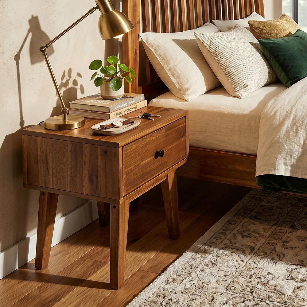 Acacia Sofia Nightstand with Drawer, Bedside Table, Solid Wood Bedside End Ta...