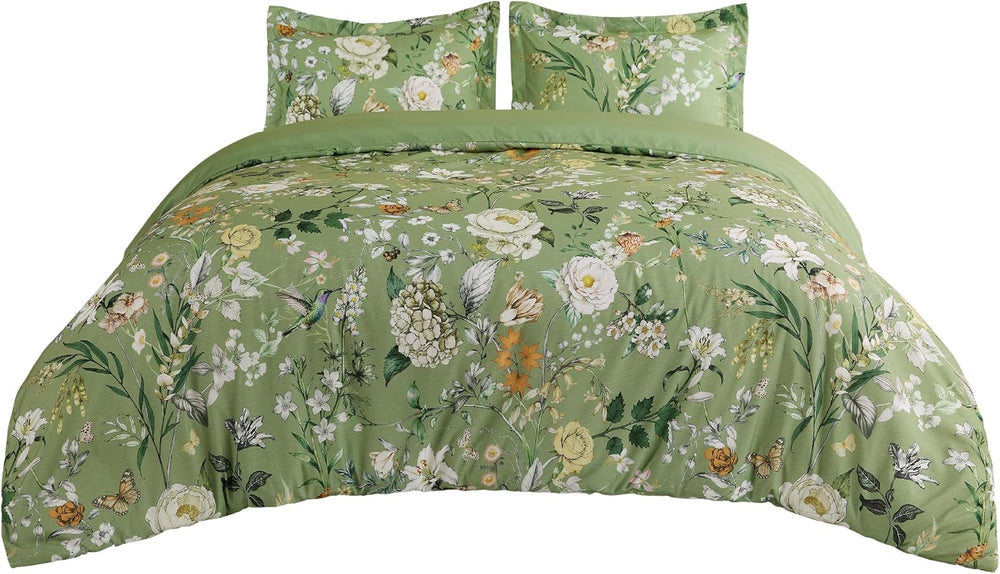 Bedsure Duvet Cover King Size - Reversible Green Floral&Bird Duvet Cover ...