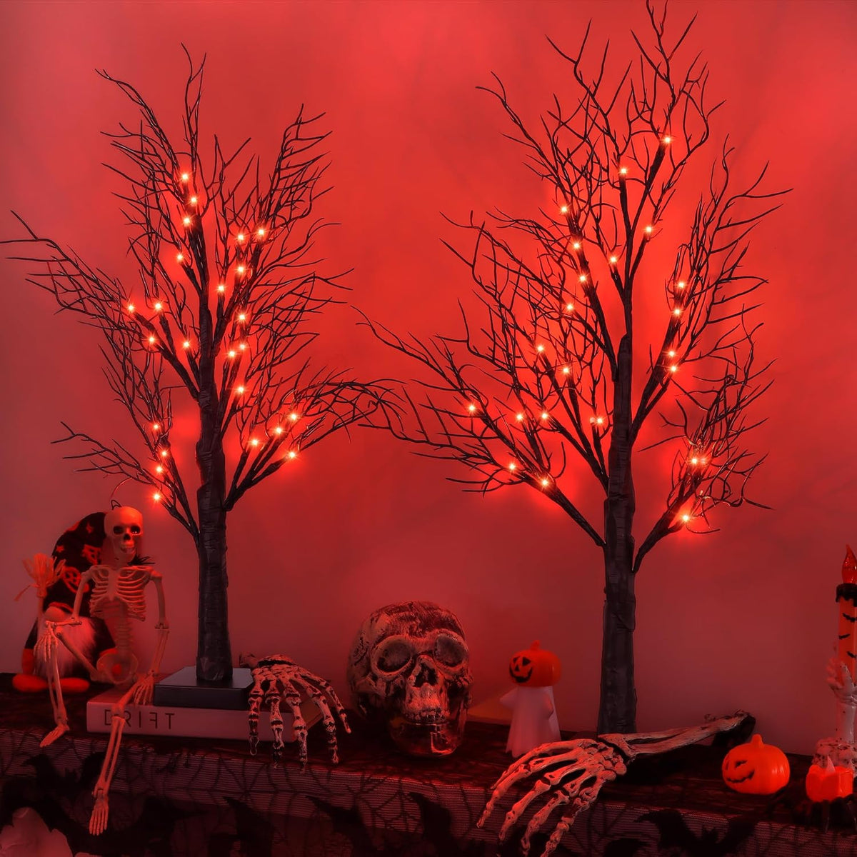 Halloween Decorations Indoor 2 Pack 24 Inch Black Halloween Tree with 48 Orange Red Led Lights, Timer/USB/Battery Operated Lighted Tabletop Spooky Tree for Halloween Table Decor Home Office Party