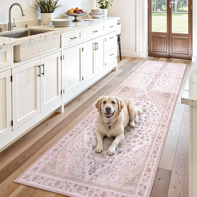 Moynesa Pink Runner Rugs for Long Hallway 2.5x8, Vintage Washable Floral Print by Moynesa