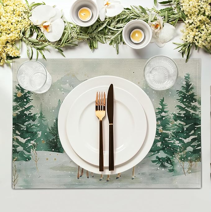 Christmas Watercolor Deer Trees Snowflakes Placemats Set of 4 Winter Rustic - Image 3