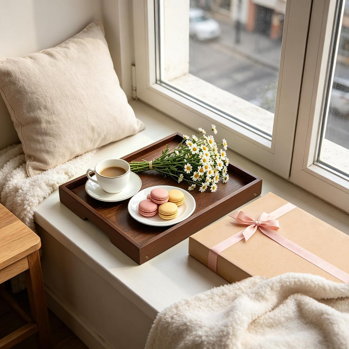 bamboo breakfast trays with folding legs, medium, 2-pack on a desk or shelf