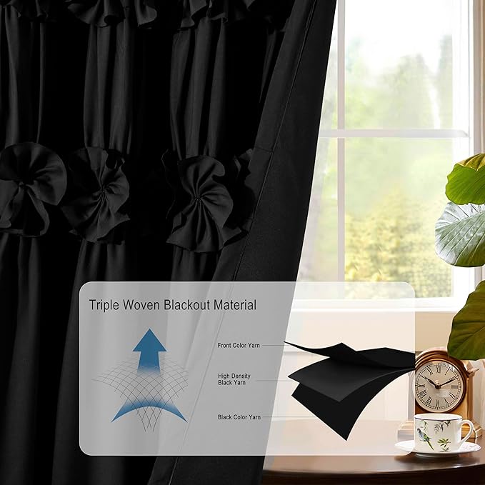 Black Blackout Curtains with Handmade Ruffles, Butterfly Flower Embellishments - Image 5