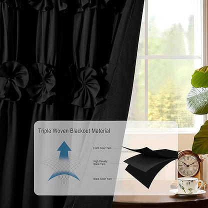 Black Blackout Curtains with Handmade Ruffles, Butterfly Flower Embellishments - Image 5