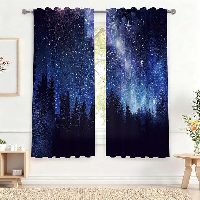 Renaiss 42 x 63 Inch Starry Sky Blackout Cafe Curtains Twinkle Star Pine Tree by Renaiss