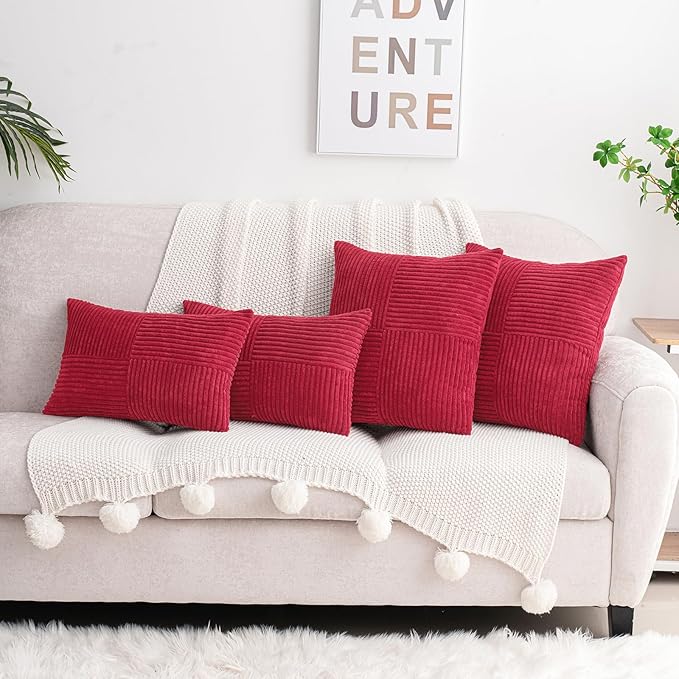 HWY 50 Red Corduroy Patchwork Throw Pillow Covers 18x18 Inch, Soft Cozy - Image 2