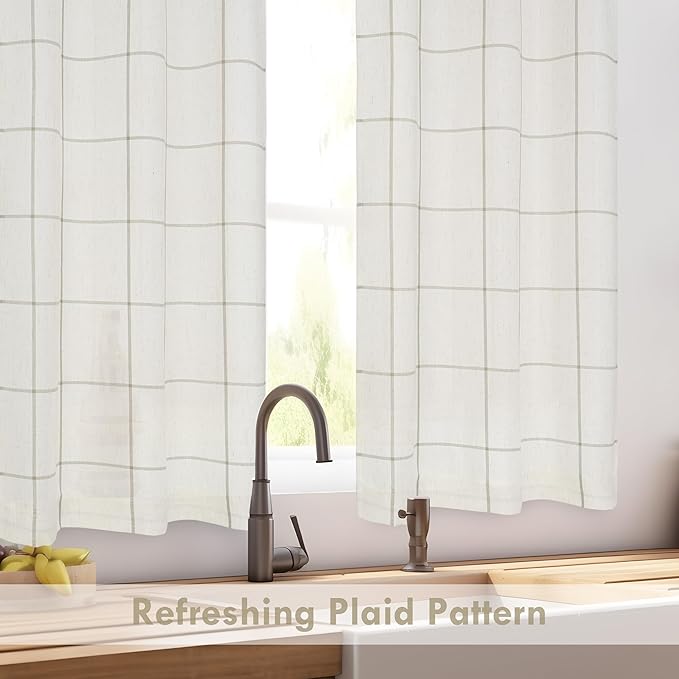 DriftAway Kitchen Curtains Striped Tier Linen Short Curtains Windowpane Plaid - Image 5