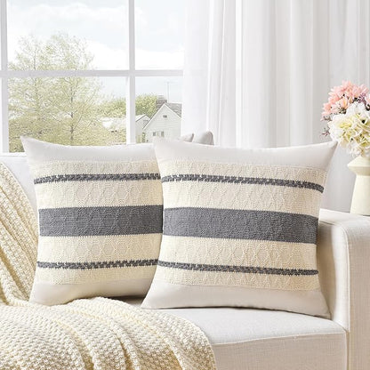Fancy Homi Set of 2 Neutral Grey Farmhouse Euro Decorative Throw Pillow Covers by Fancy+Homi