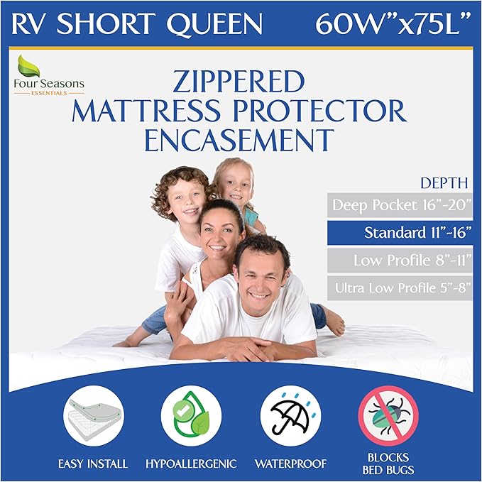 RV Short Queen Mattress Protector Waterproof Zippered Encasement Hypoallergenic by FourSeasonsEssentials