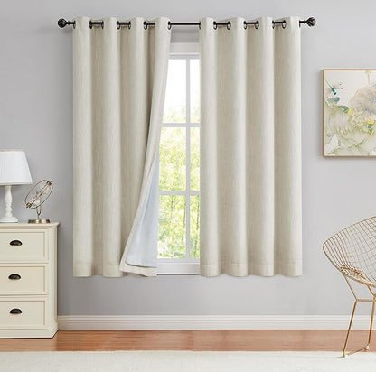 Beige Solid Full Blackout Curtain Heavy Linen Texture Window Treatment - Image 2