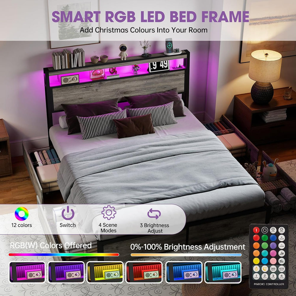 Full Size Bed Frame with LED Light Headboard and 4 Storage Drawers